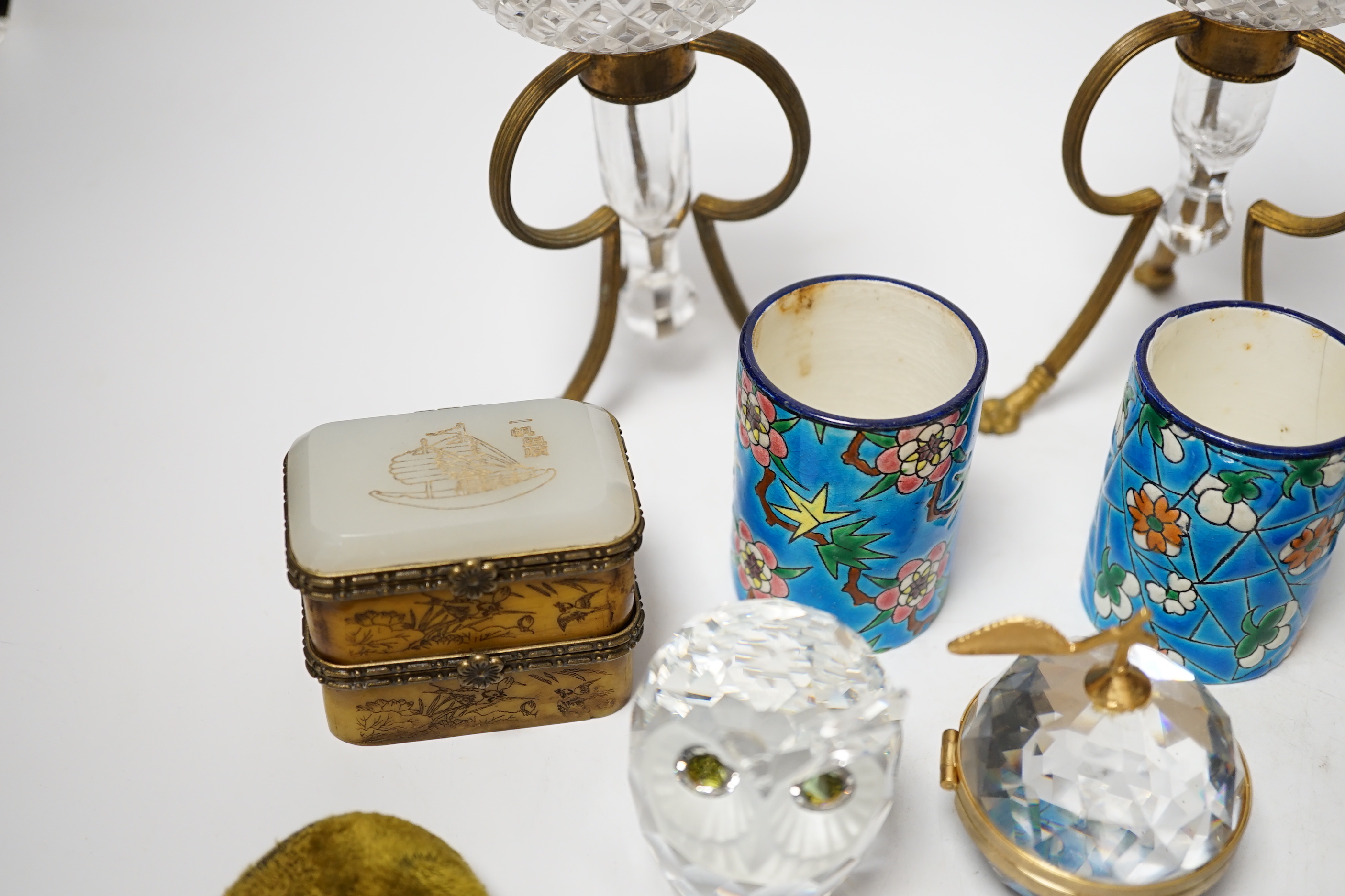 Mixed collectables: a pair of glass candle holders on gilt stands, an enamelled scent bottle, a compact a gilt pencil, etc. (12)